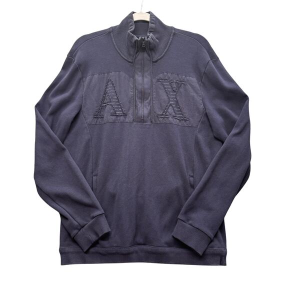 Y2K Armani Exchange Men‎ L Navy Logo Sweater 1/4 zip Mock Preppy Grunge Pullover - Picture 1 of 10